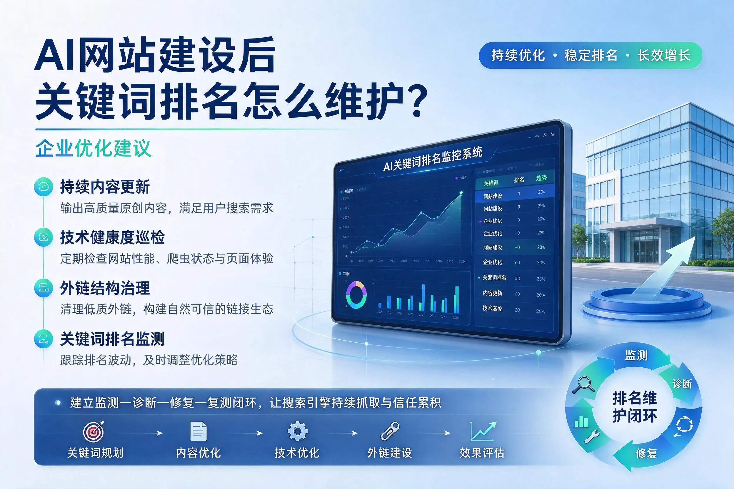 AI网站建设后关键词排名怎么维护?惠州企业优化建议